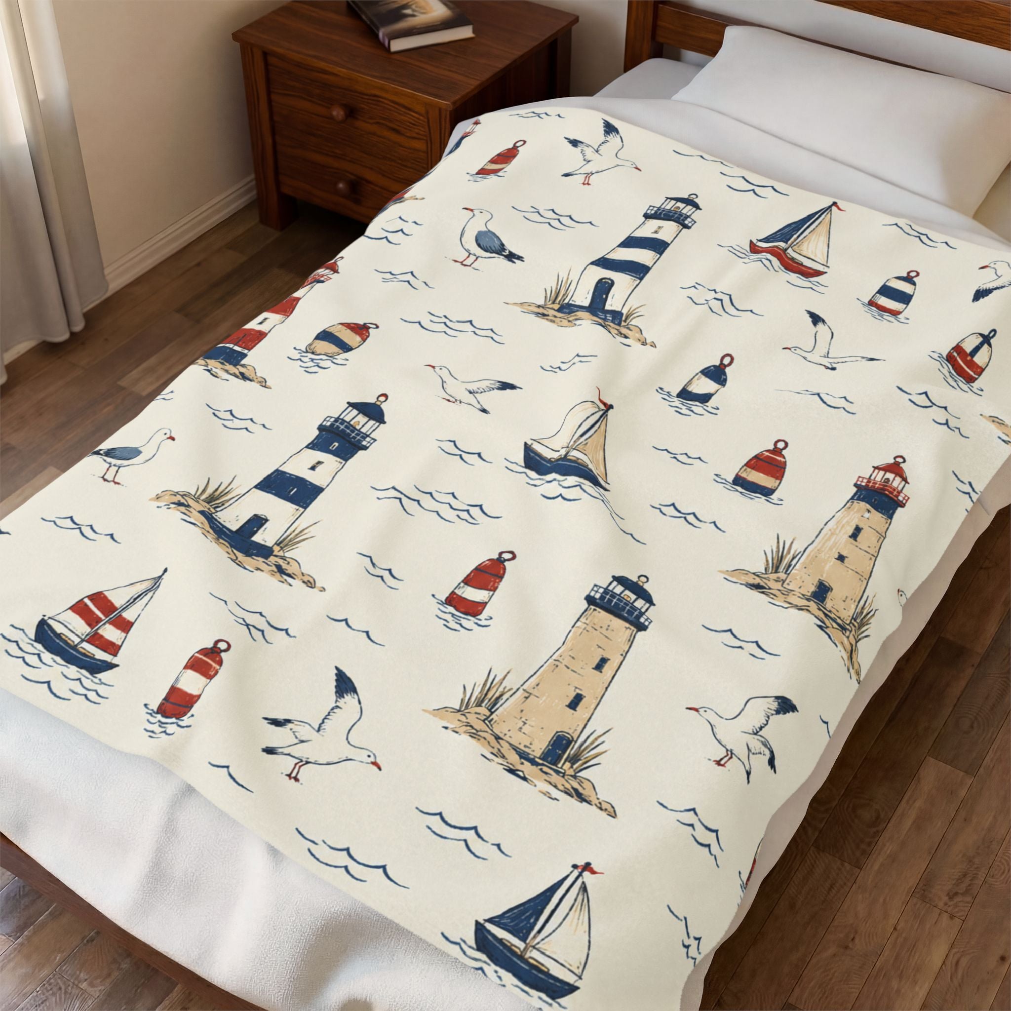 Weiche Plüschdecke mit Leuchtturm und Segelbooten, Küstenmotiv in Nordsee-Atmosphäre, mittlere Größe 127 × 152 cm