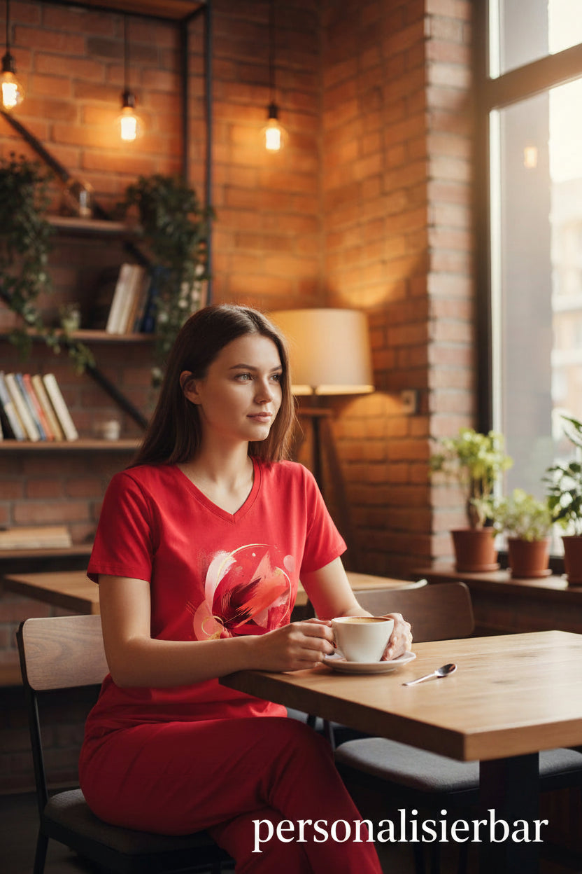 Damen T-Shirt mit V-Ausschnitt und abstraktem roten Kunstmotiv