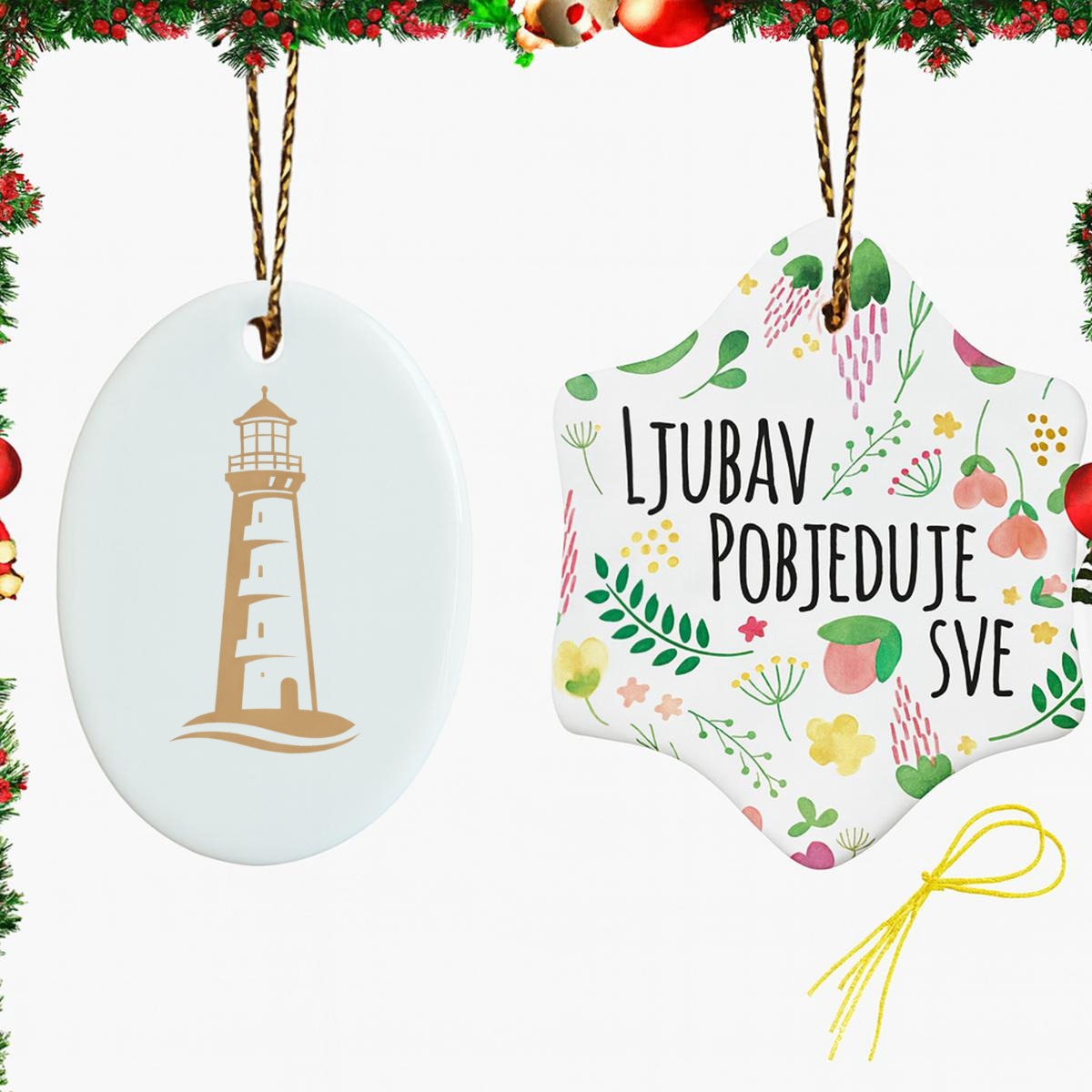 Weihnachtsbaum-Anhänger aus Keramik mit Leuchtturm-Motiv – Oval, beidseitig bedruckbar