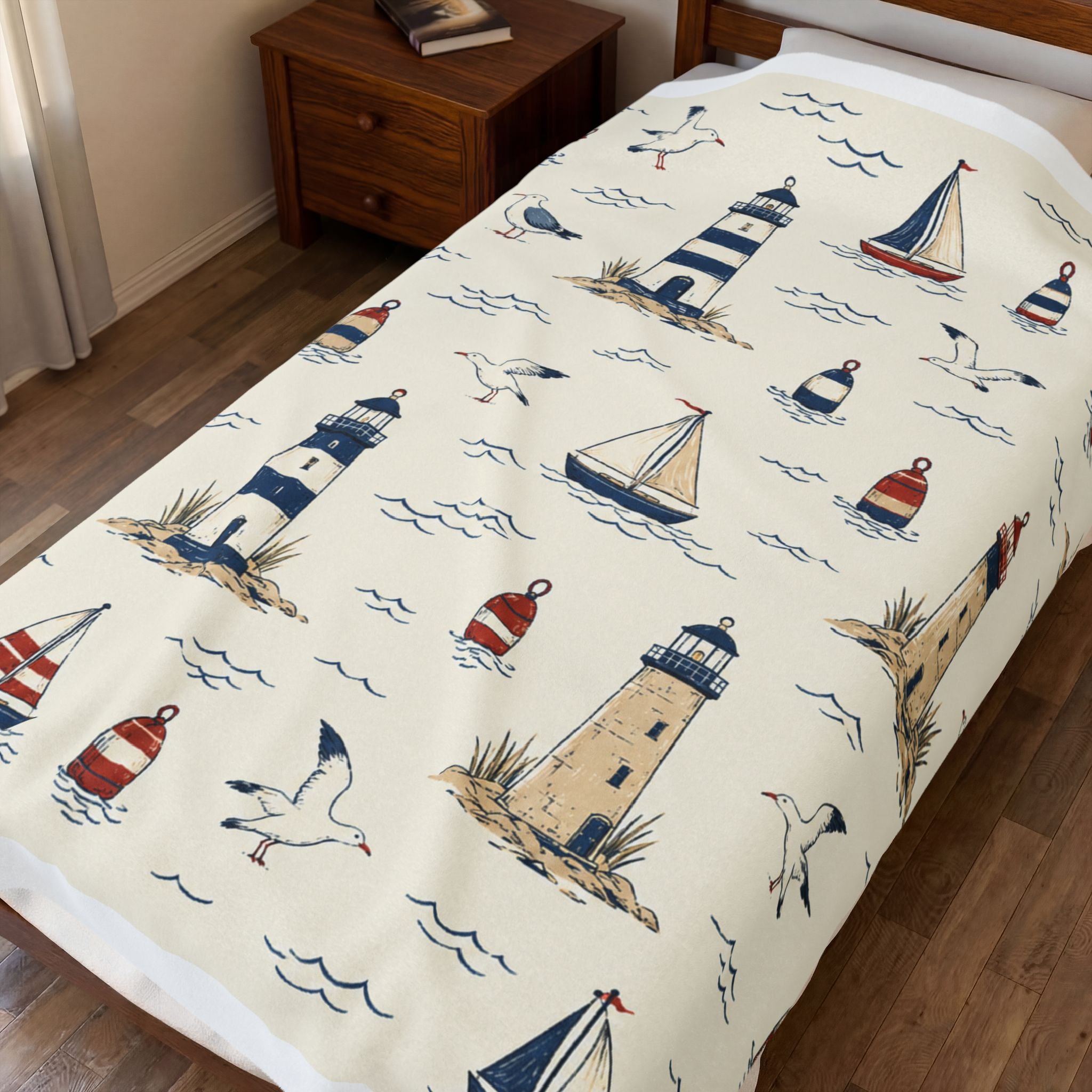 Maritime Kuscheldecke mit Leuchtturm, Möwen und Segelbooten, große Sofadecke 152 × 203 cm