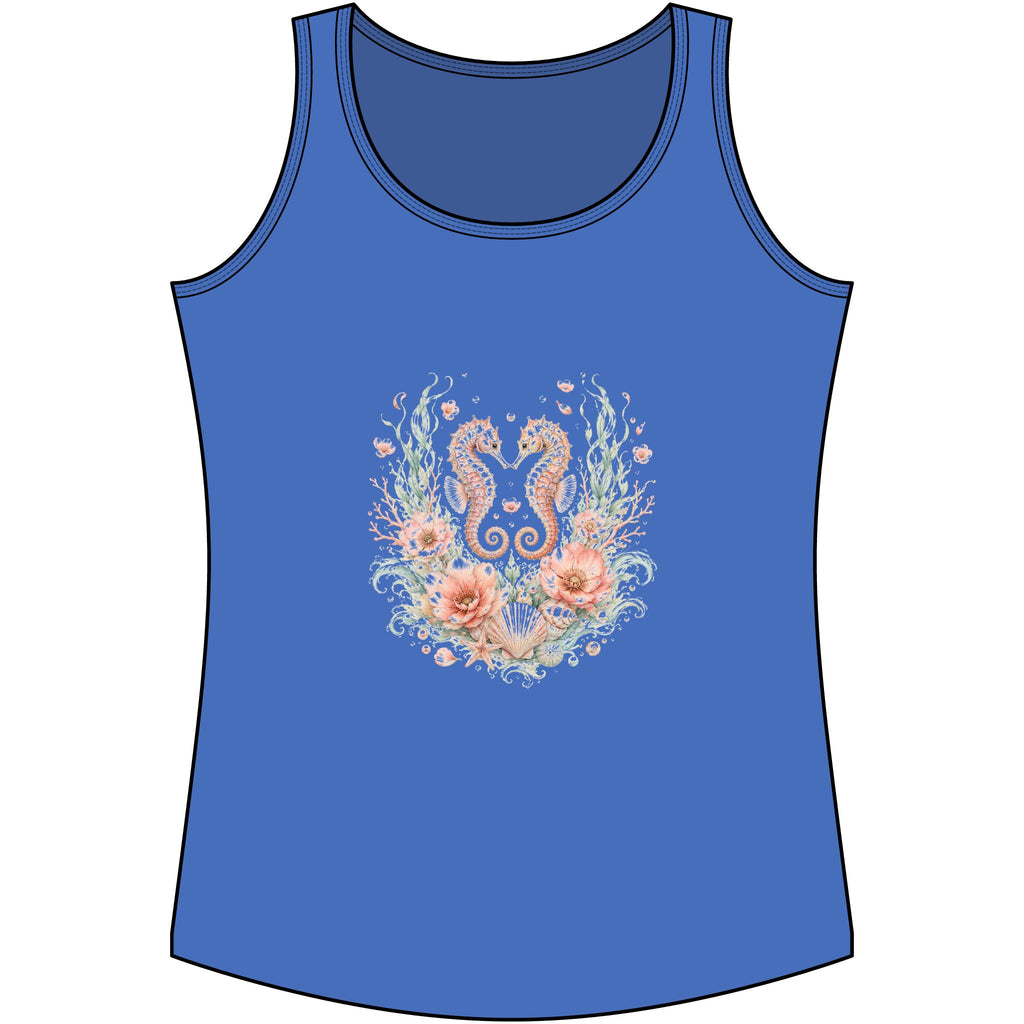 Maritimes Damen-Tank-Top mit Seepferdchen- und Blütenmotiv in Blau
