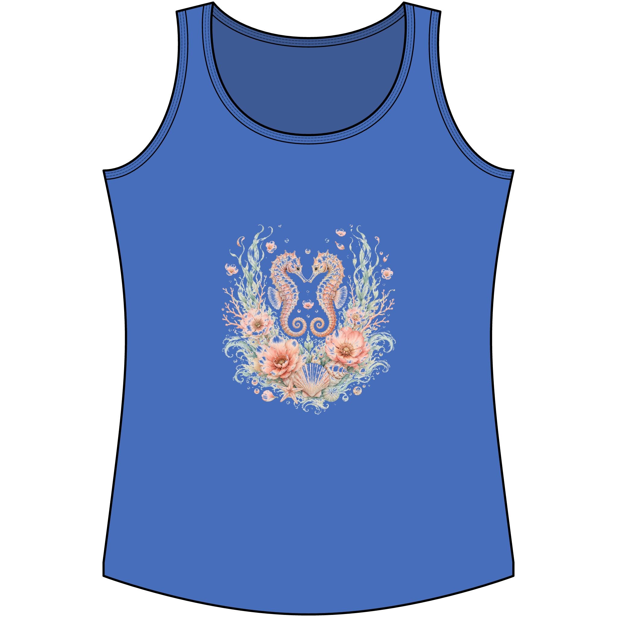 Maritimes Damen-Tank-Top mit Seepferdchen- und Blütenmotiv in Blau