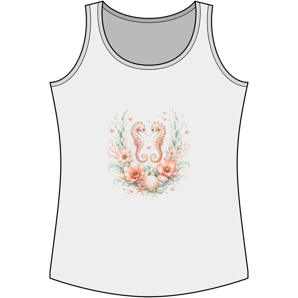Maritimes Damen-Tank-Top mit Seepferdchen- und Blütenmotiv in Weiß