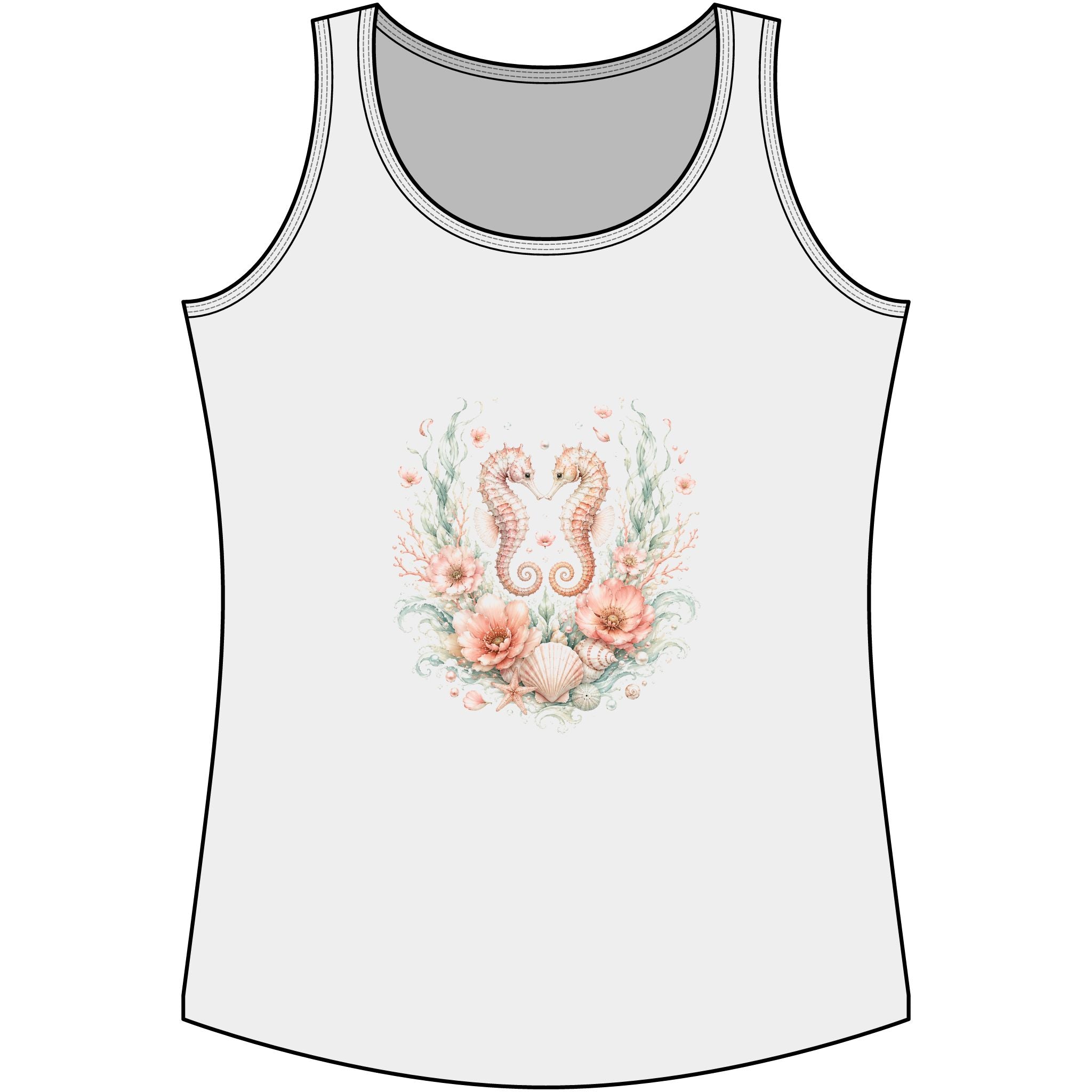 Maritimes Damen-Tank-Top mit Seepferdchen- und Blütenmotiv in Weiß