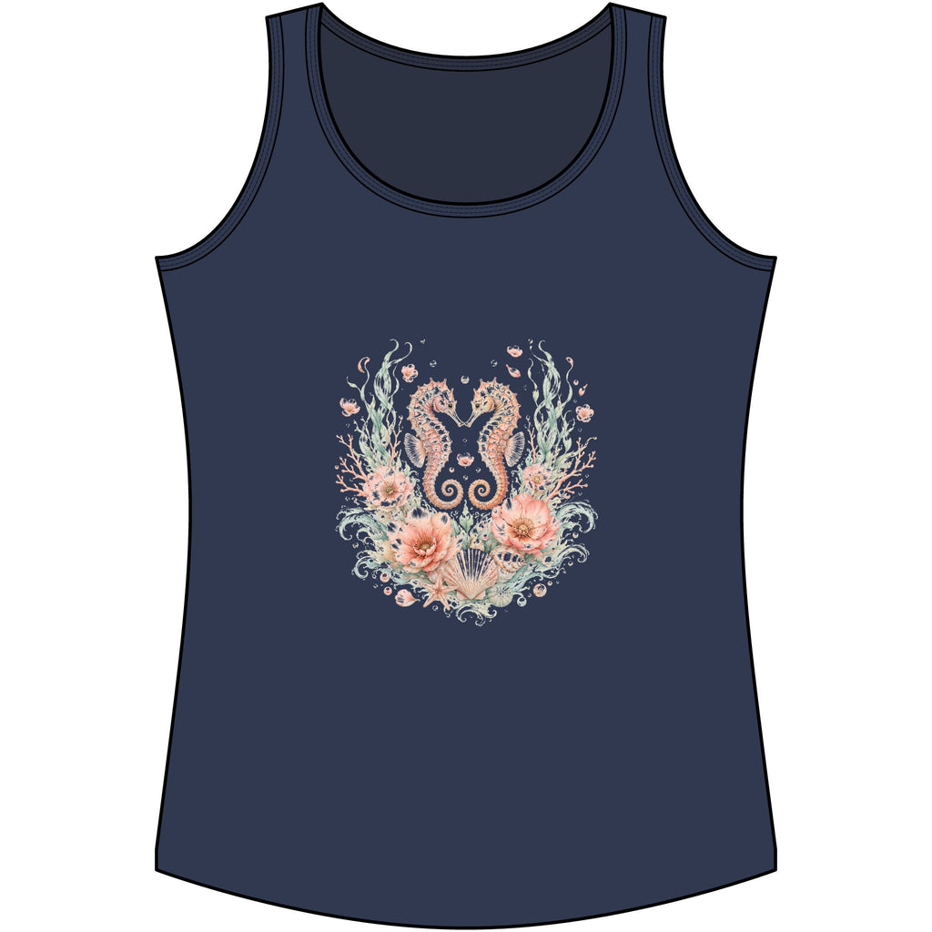 Maritimes Damen-Tank-Top mit Seepferdchen- und Blütenmotiv in Marineblau