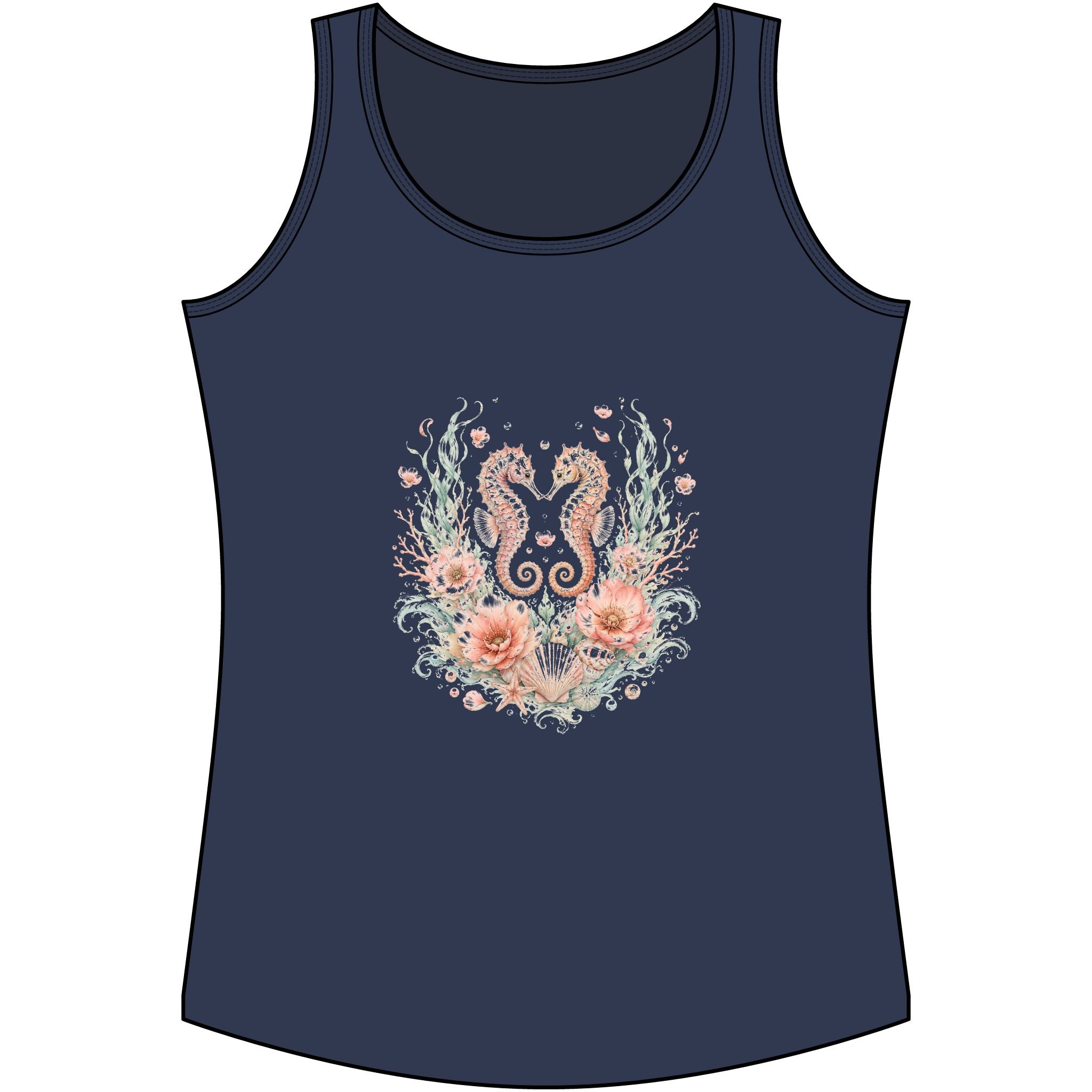 Maritimes Damen-Tank-Top mit Seepferdchen- und Blütenmotiv in Marineblau