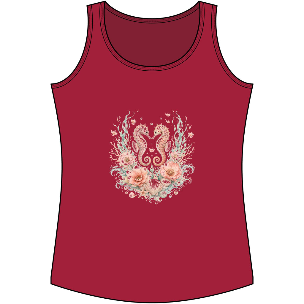 Maritimes Damen-Tank-Top mit Seepferdchen- und Blütenmotiv in Rot