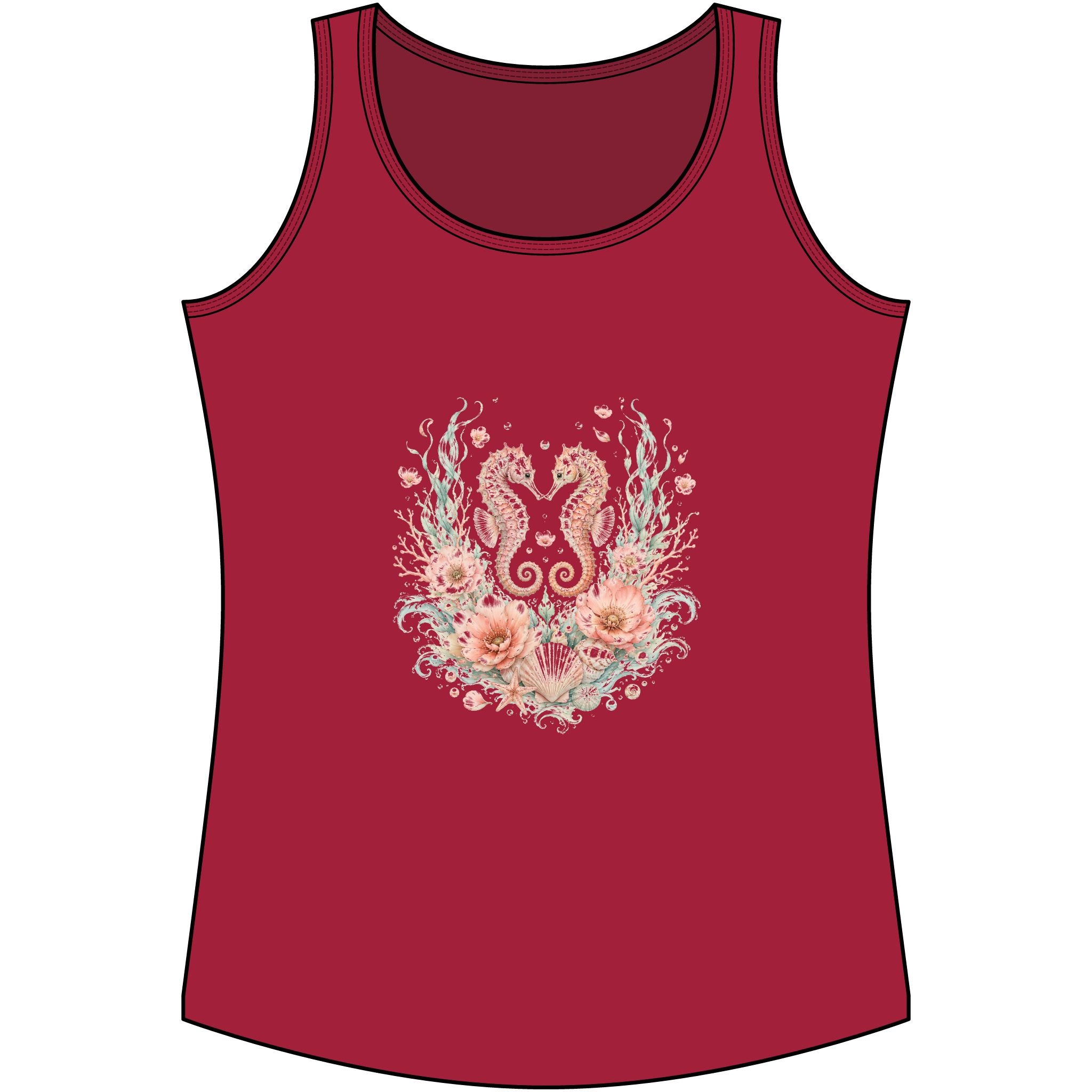Maritimes Damen-Tank-Top mit Seepferdchen- und Blütenmotiv in Rot