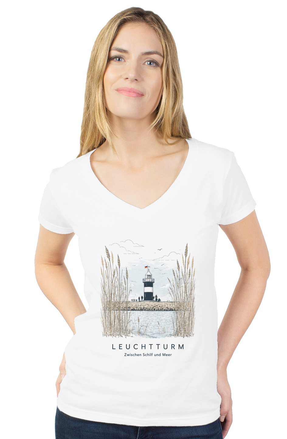 Weißes Damen V-Ausschnitt Shirt aus  Baumwolle mit Leuchtturm Aufruck auf der Vorderseite
