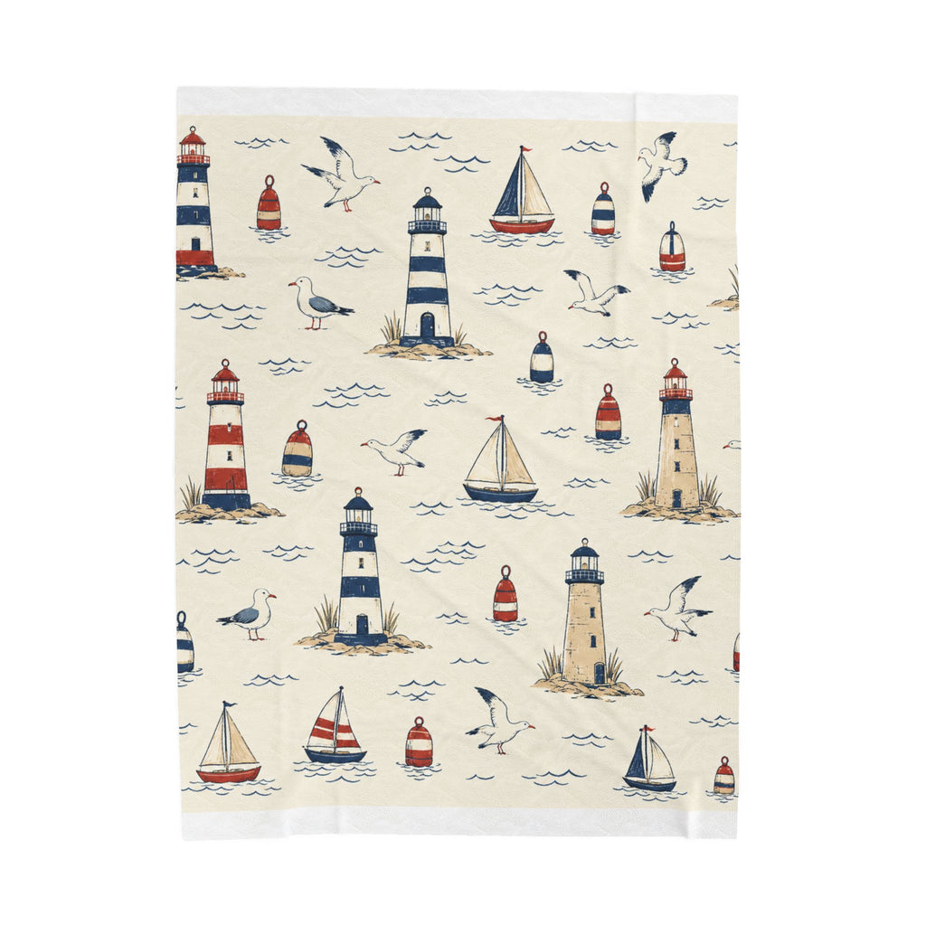 Maritime Kuscheldecke mit Leuchtturm, Möwen und Segelbooten, Vorderansicht