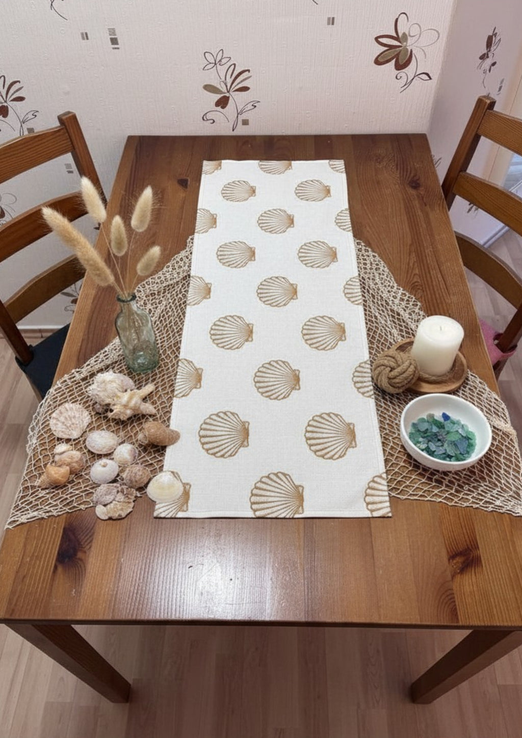 Rechteckiger Tischläufer mit Muschel-Motiv in Weiß, 220 g/m², aus Polyester – maritimes Tischdekor
